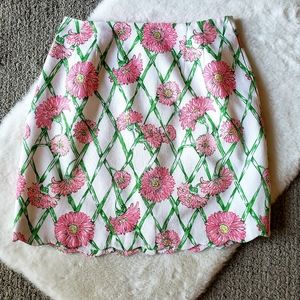 Lilly Pulitzer Vintage White Label Pink Green Floral Pique Scalloped Hem Skirt